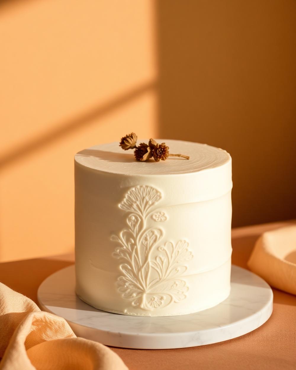 Minimal ivory buttercream cake with a single dried flower stem