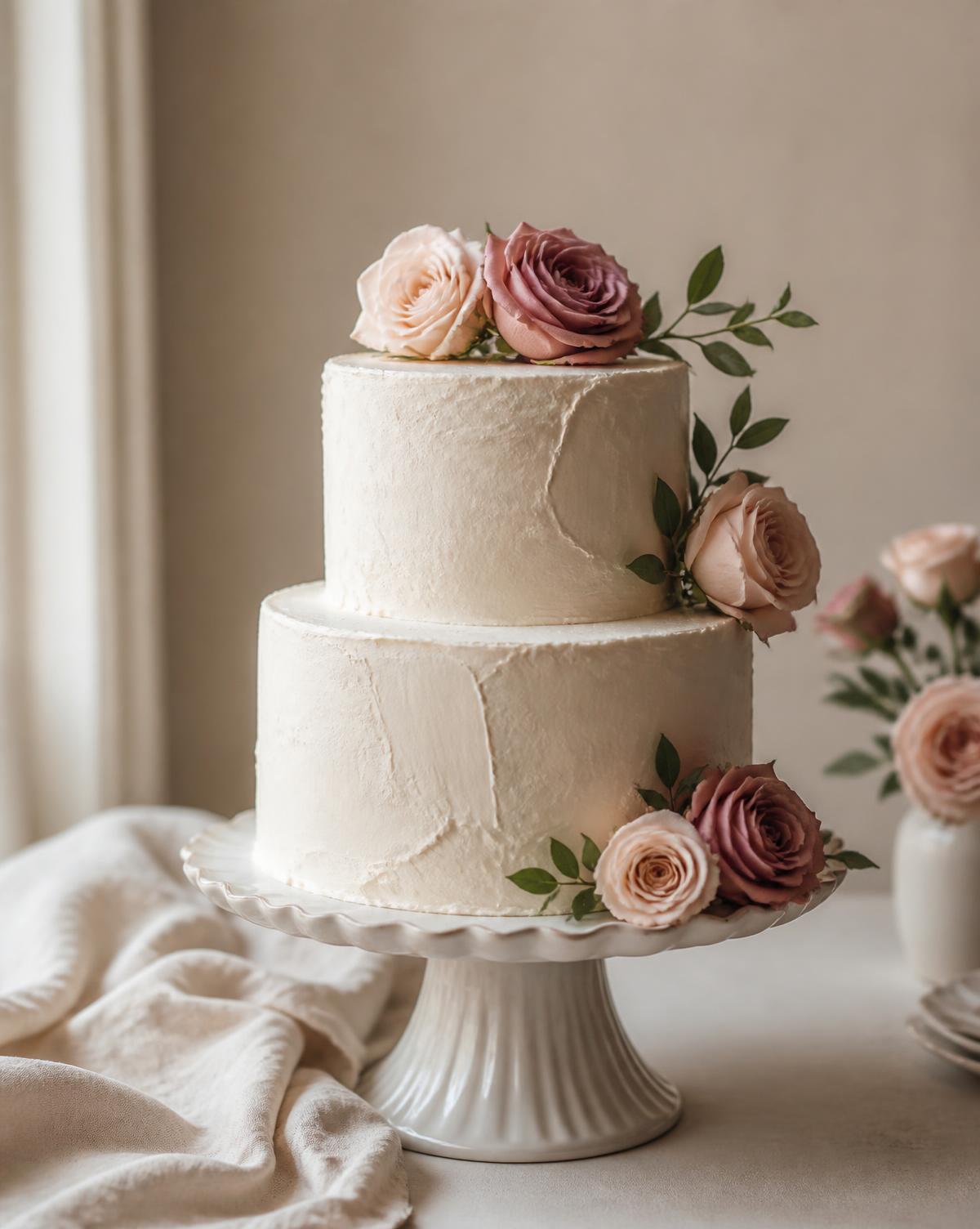 Two-tier ivory buttercream cake with dusty rose and blush garden roses on a fluted cake stand
