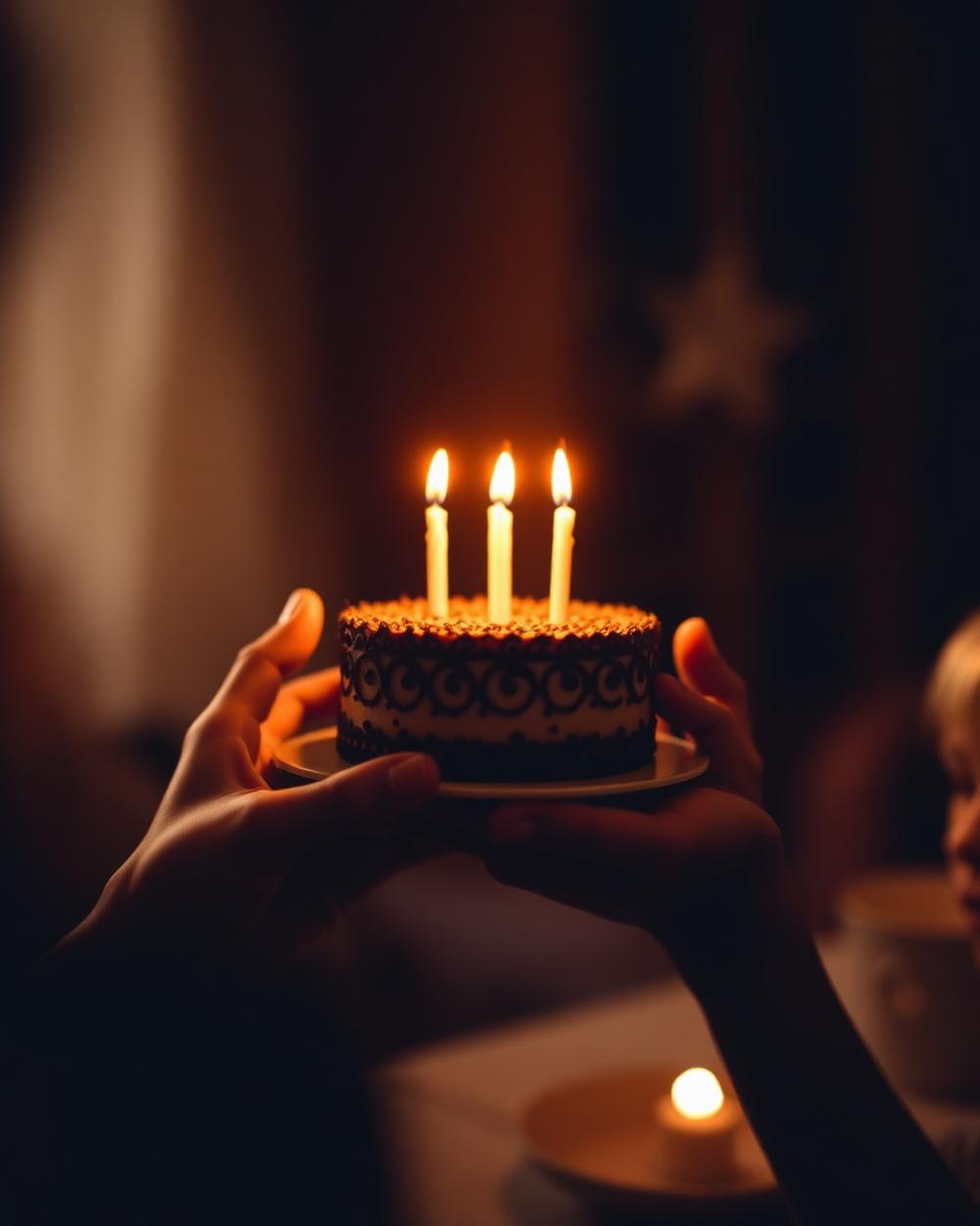 Hands holding a small cake with lit candles at a home celebration