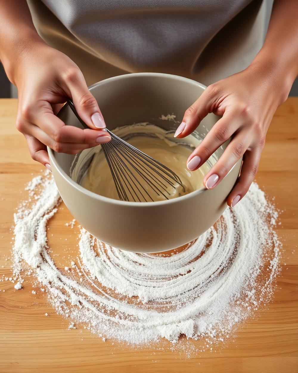 Hands whisking cake batter in a ceramic bowl with flour on the counter